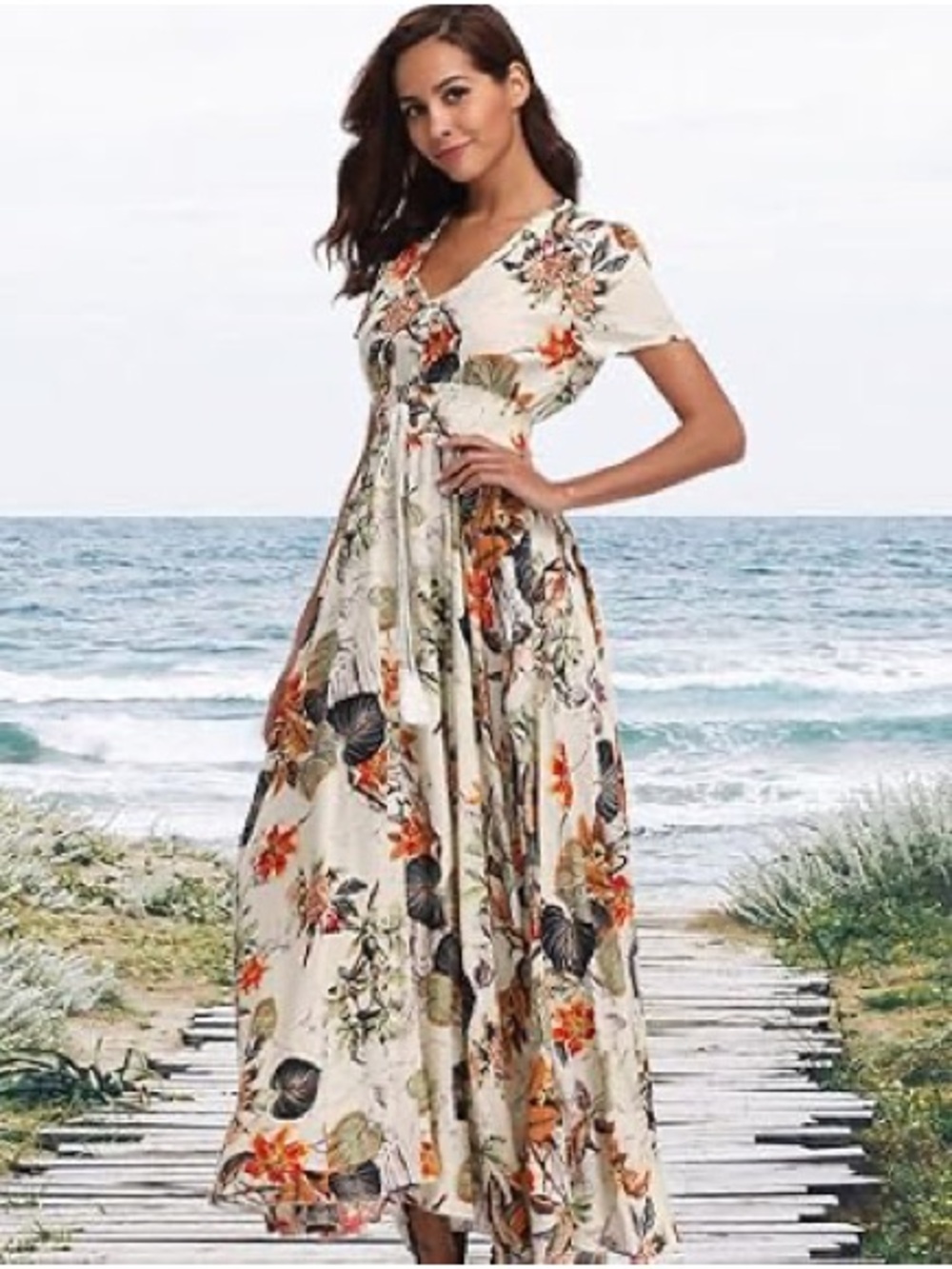 Cream Floral V-Neck Short Sleeve Maxi Dress
